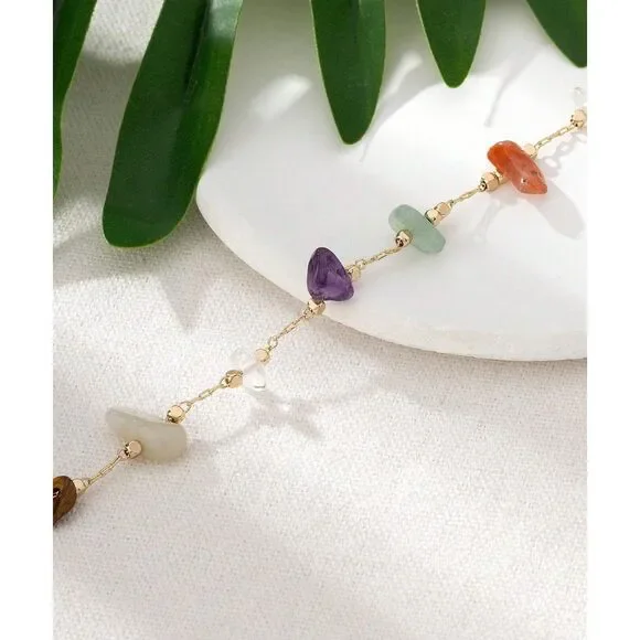 Natural Multi Gemstone Beaded Bracelet Gold Adjustable Chain Raw Crytal Colorful - Picture 4 of 5